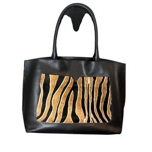 Varriale Black Leather Italy Tote Calf Hair Animal Print Large Luxury *Read
